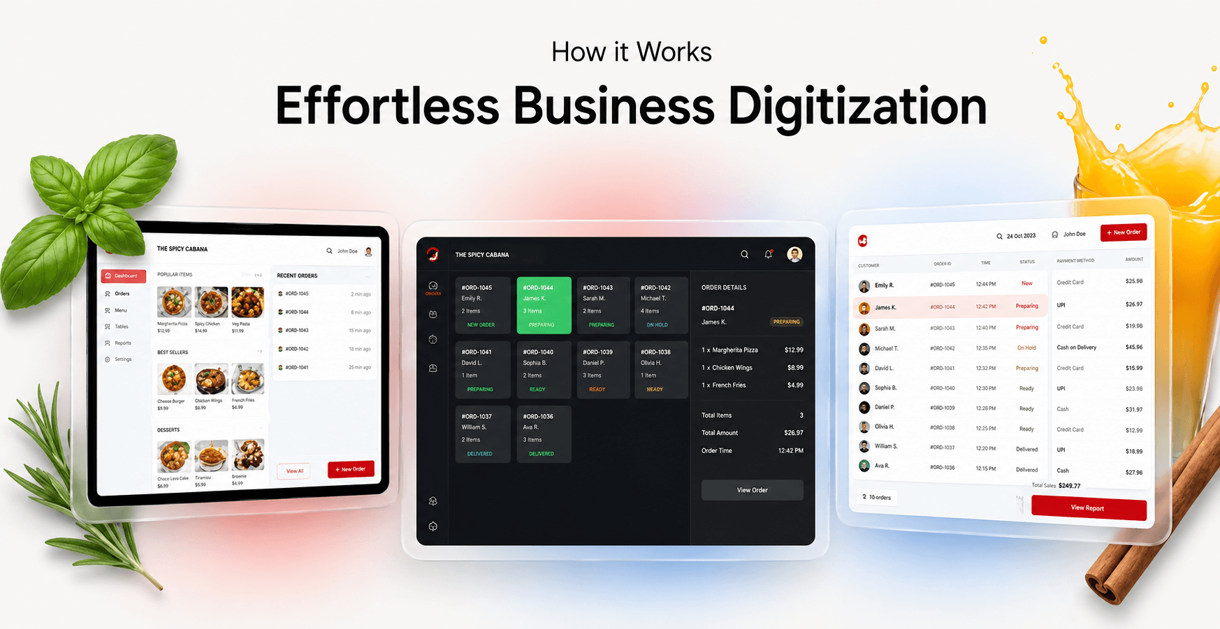 Effortless Business Digitization — TakeaBite dashboard views across tablet, desktop, and mobile showing menu management, order tracking, and sales reporting